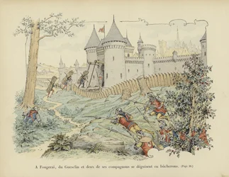 Bertrand du Guesclin en twee van zijn metgezellen vermommen zich als houthakkers om het kasteel van Grand-Fougeray te veroveren, 1354